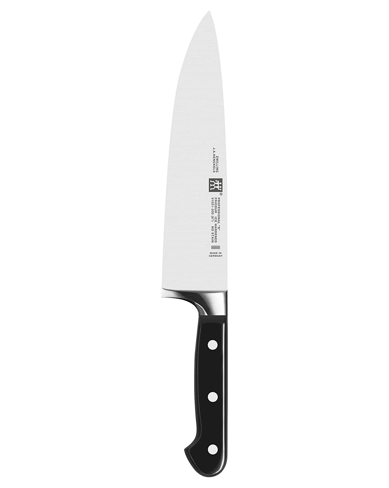A kitchen knife with a black handle