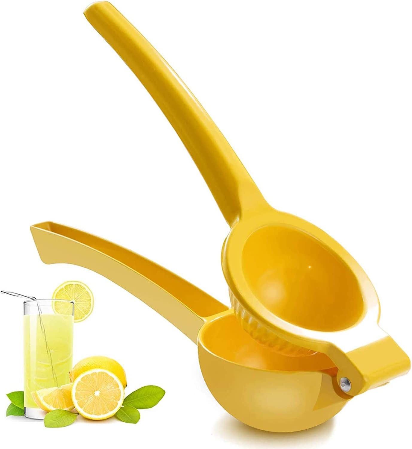 a bright yellow citrus press with a glass of lemonade next to it