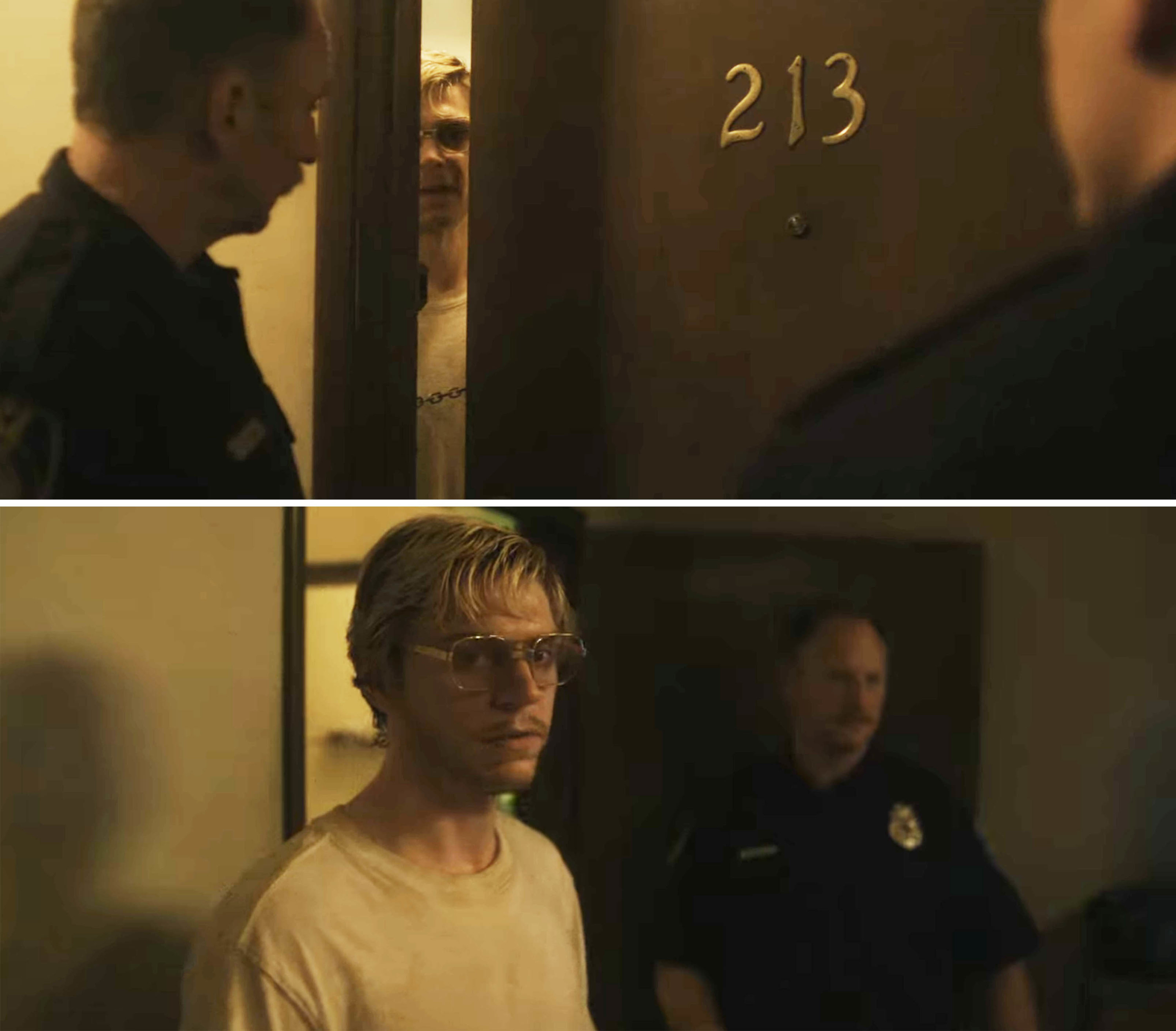 Evan as Jeffrey with police officers in his apartment