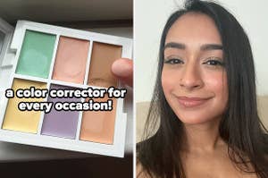 makeup palette "a color corrector for  every occasion!", reviewer wearing lip lifter gloss