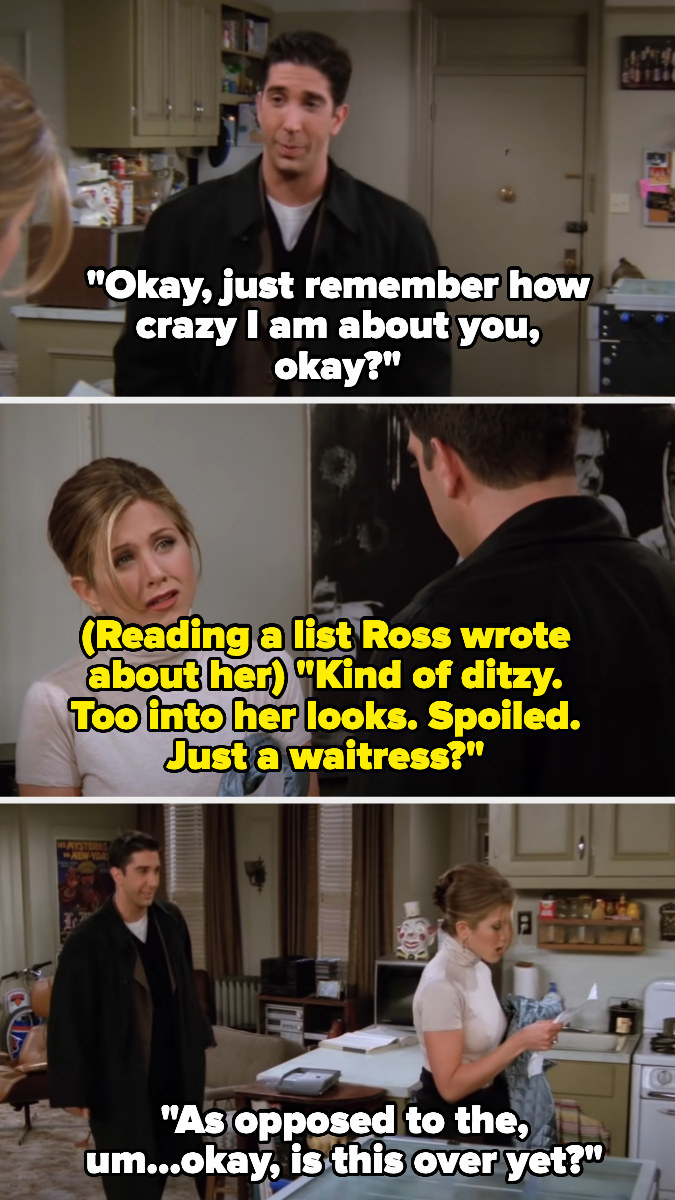 Rachel reading Ross&#x27;s list of cons about her