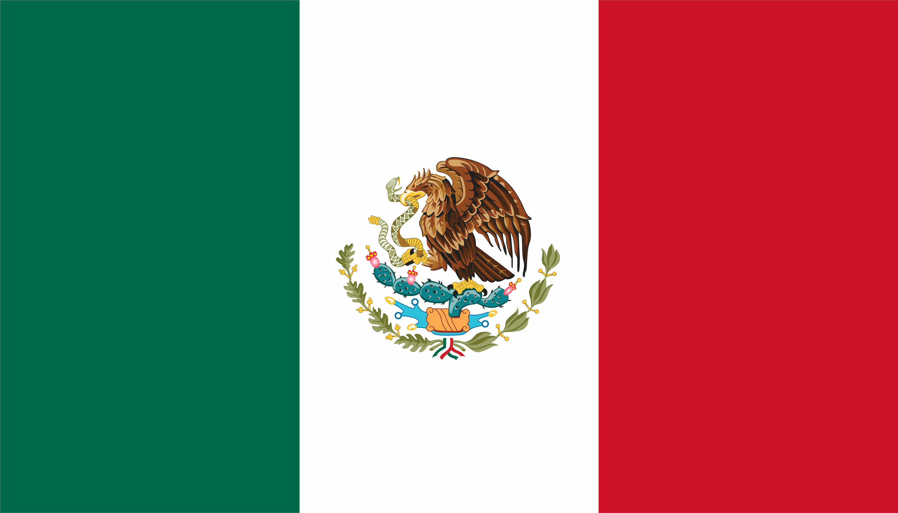 Flag of Mexico, a vertical tricolor of green, white, and red, with the national coat of arms featuring an eagle, a cactus, and a serpent in the center of the white stripe
