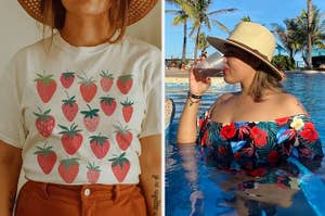 model in strawberry illustration t shirt, reviewer in panama hat and swimsuit in a pool