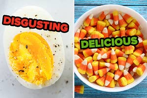 On the left, a hard-boiled egg cut in half labeled disgusting, and on the right, a bow of candy corn labeled delicious