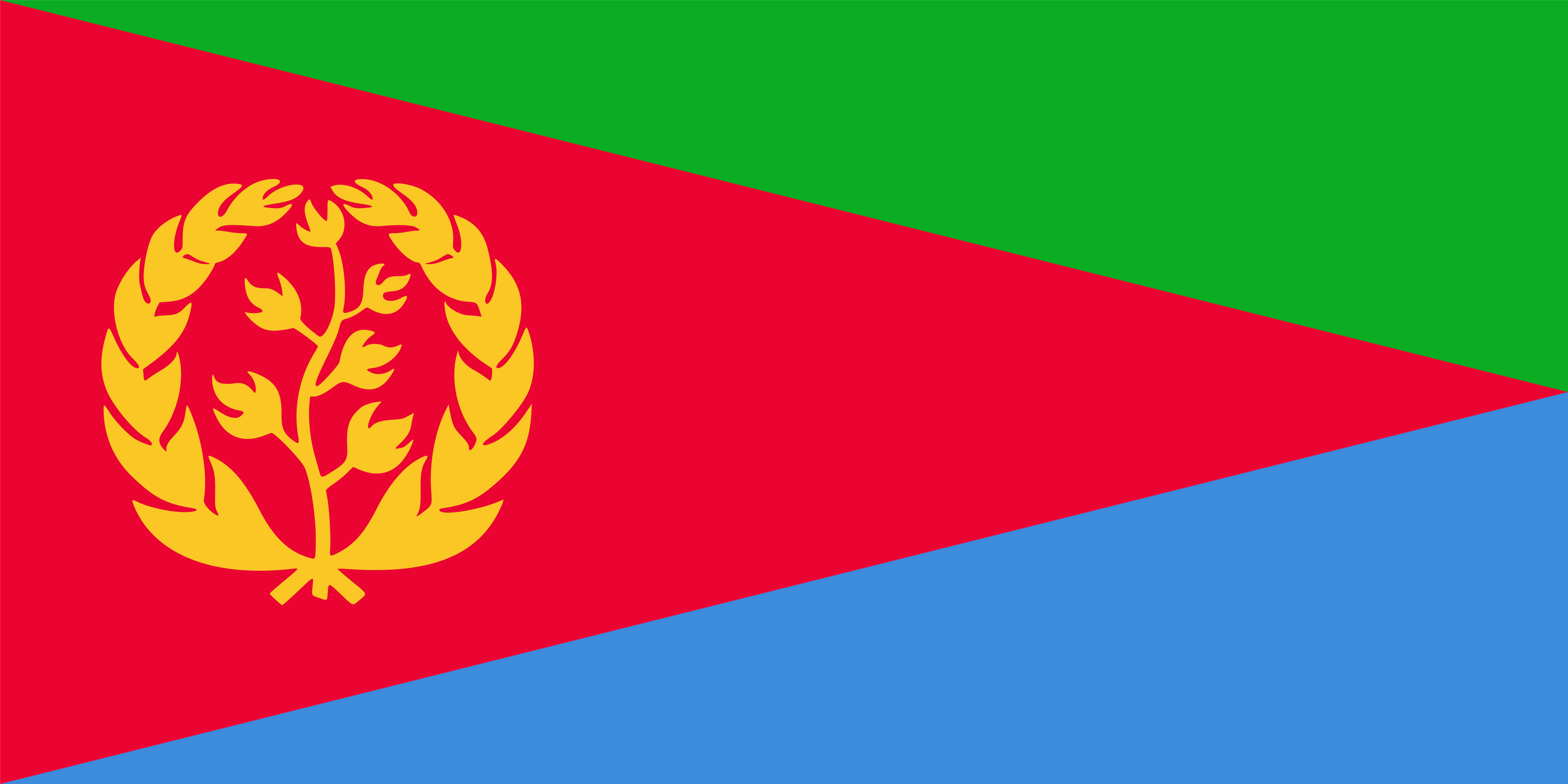 Flag of Eritrea, triangles of green, red, and blue and a yellow emblem off-center toward the hoist