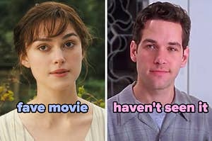 On the left, Keira Knightley as Elizabeth in Pride and Prejudice labeled fave movie, and on the right, Paul Rudd as Josh in Clueless labeled haven't seen it