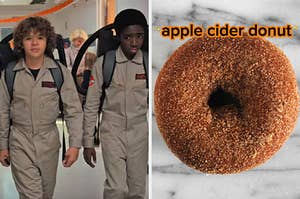 On the left, Dustin and Lucas from Stranger Things dressed as Ghostbusters, and on the right, an apple cider donut