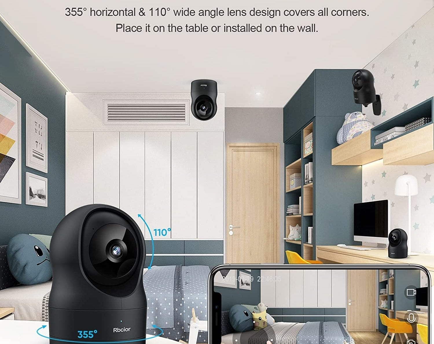 the security camera in a room shown in various configurations like from a ceiling or wall