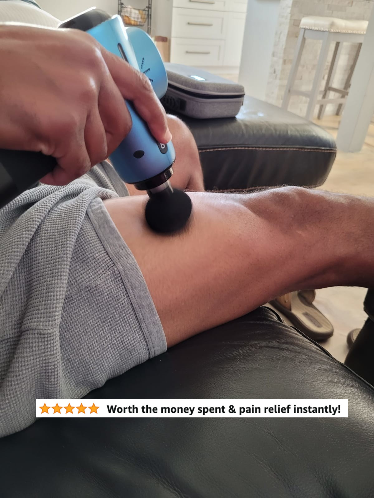 A reviewer using the round attachment on their thigh with five star review text 