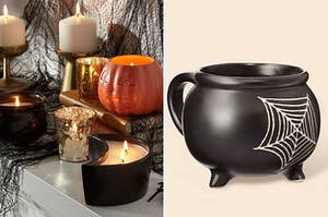 Halloween candles on the left and a cauldron-shaped mug on the right