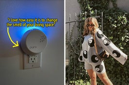 on left, Pura Smart Fragrance Diffuser with blue night light plugged into wall outlet. on right, BuzzFeed writer Ali Faccenda wearing gray sweatshirt with Magic 8 Ball-inspired print