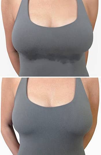 a model's before and after with boob sweat and without
