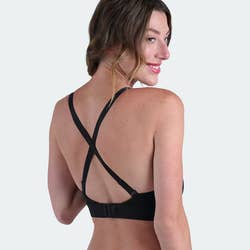 a model shows the back straps crisscrossed