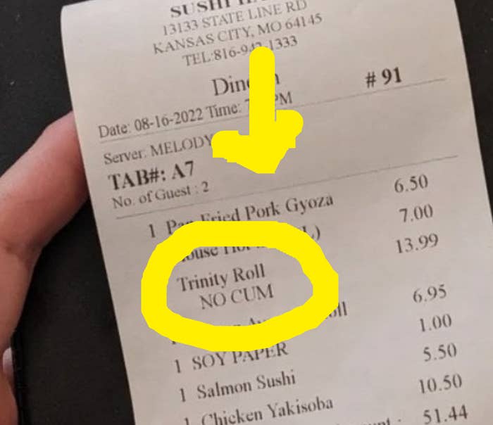 sushi order reads &quot;Trinity Roll No Cum&quot;