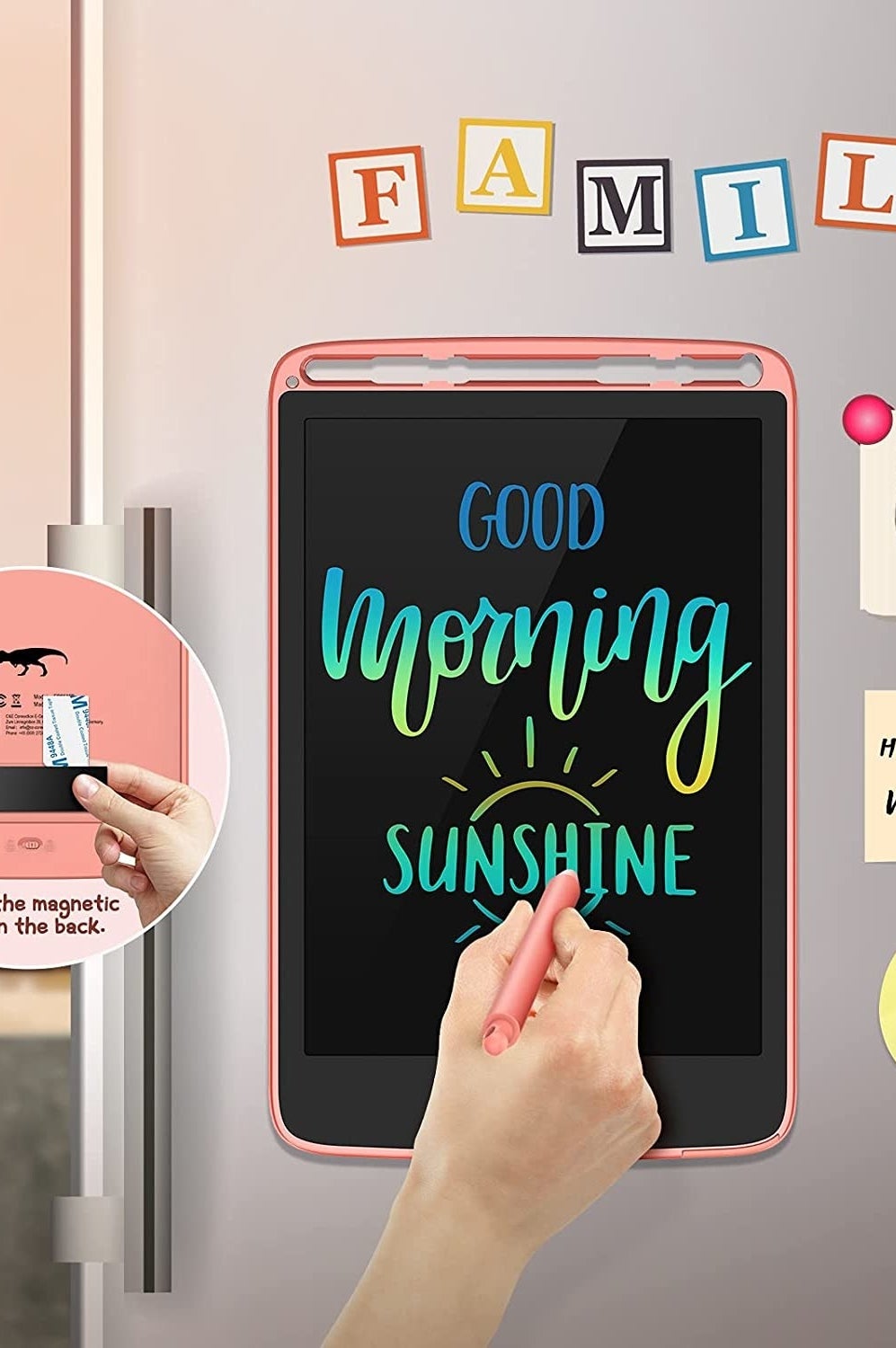 person writing good morning sunshine on the tablet
