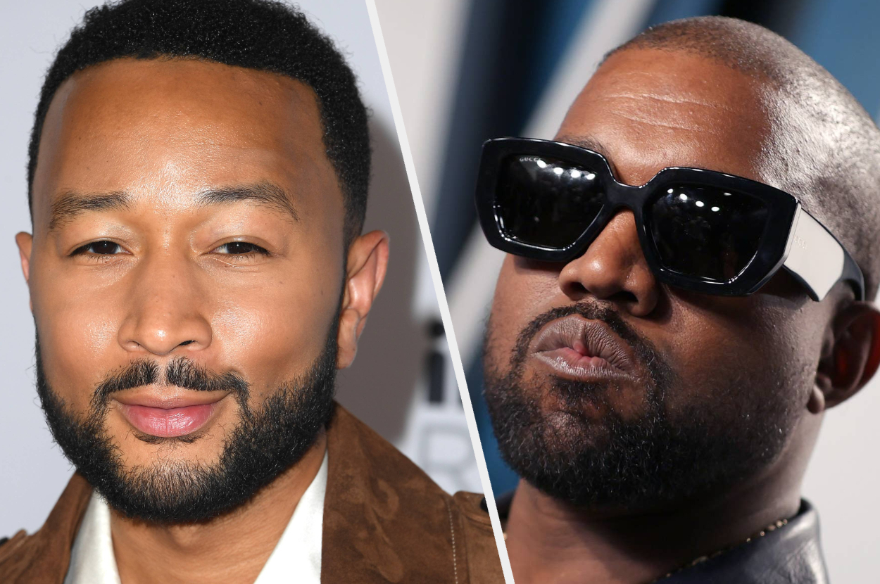 John Legend wears a white button-up shirt with a brown jacket. Kanye West wears a black leather jacket with black sunglasses and a thick gold chain.