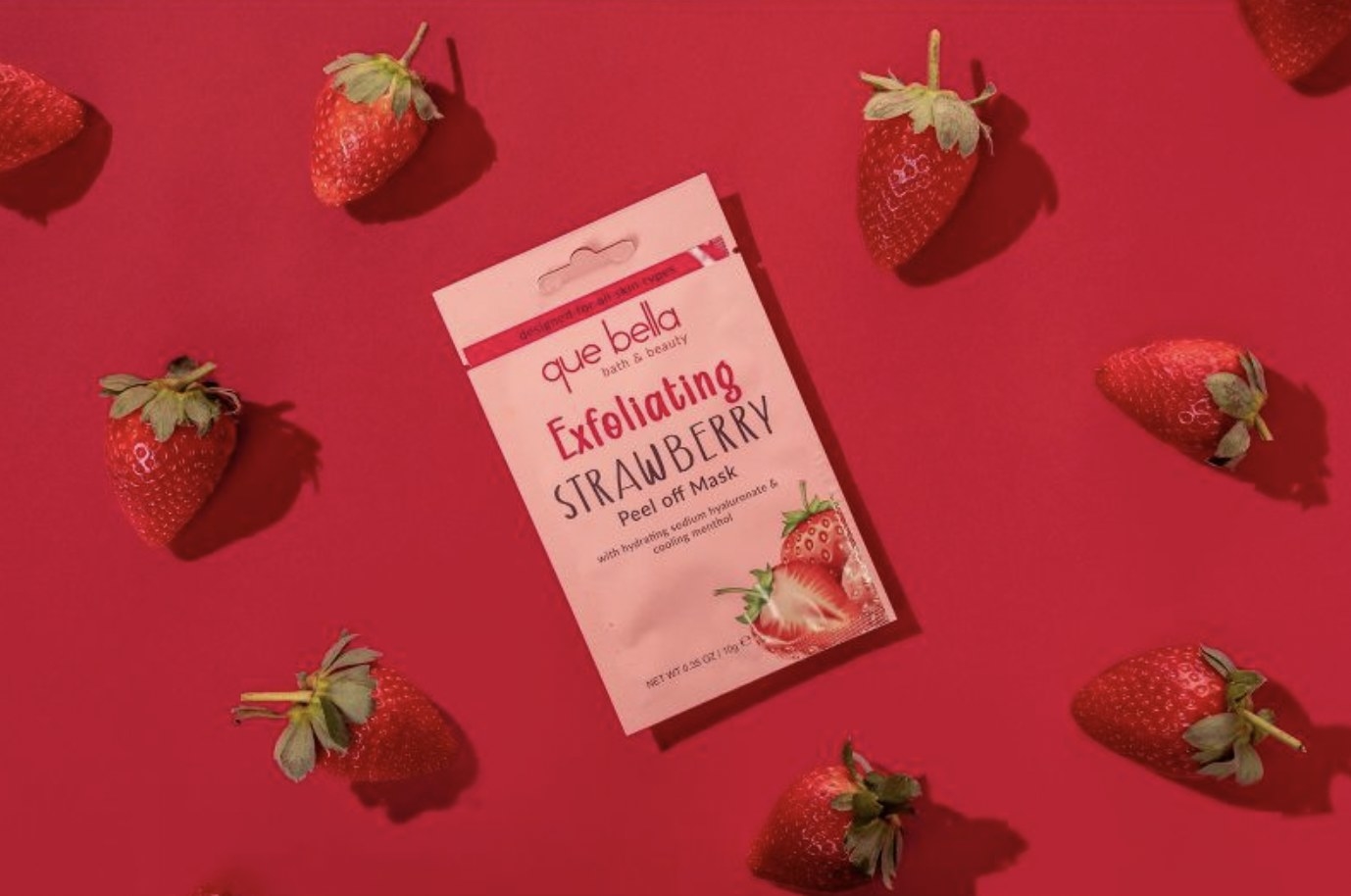 A sheet mask package with strawberries