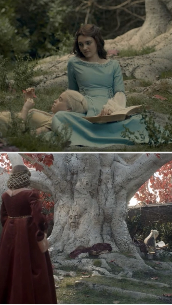Alicent and Rhaenyra in the godswood in Episode 1 vs Episode 3