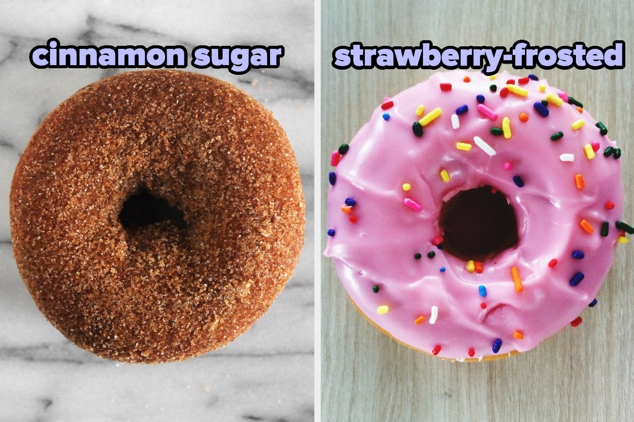 两张照片;在左边,一个棕色的甜甜圈与文本“肉桂sugar"在右边,一个粉红色的甜甜圈与文本“strawberry-frosted"