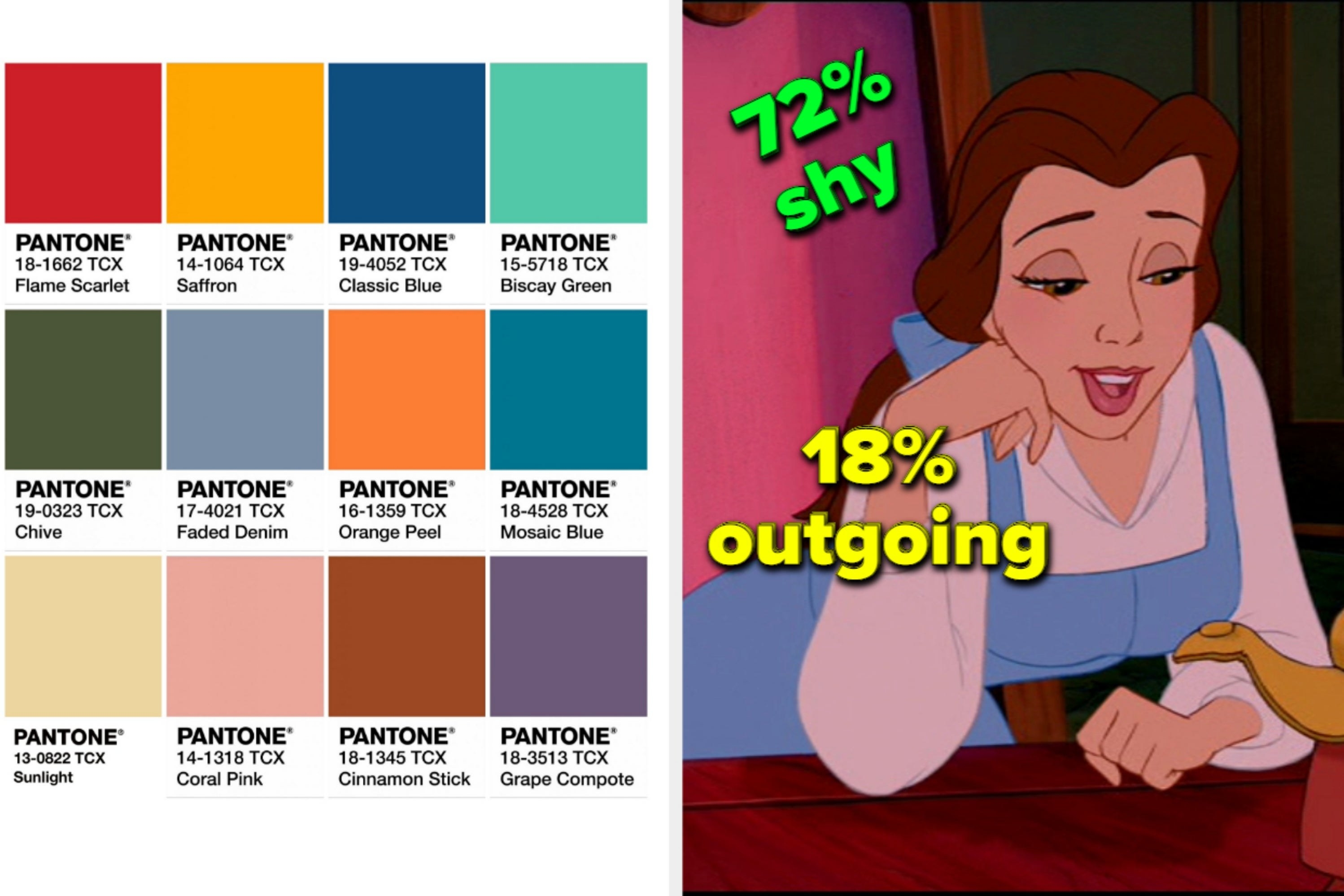 两张照片;在左边,12潘通色卡的颜色样品,在右边,从“美女,美女与Beast"与文本“outgoing"害羞和18% 72%;