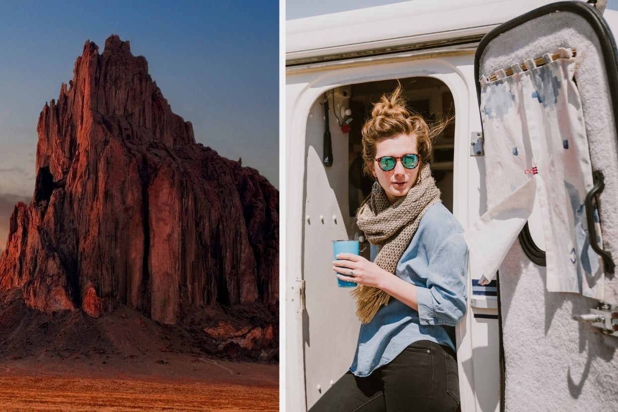 两张照片;在左边,一个巨大的岩层性质和在右边,一个人离开他们的露营车