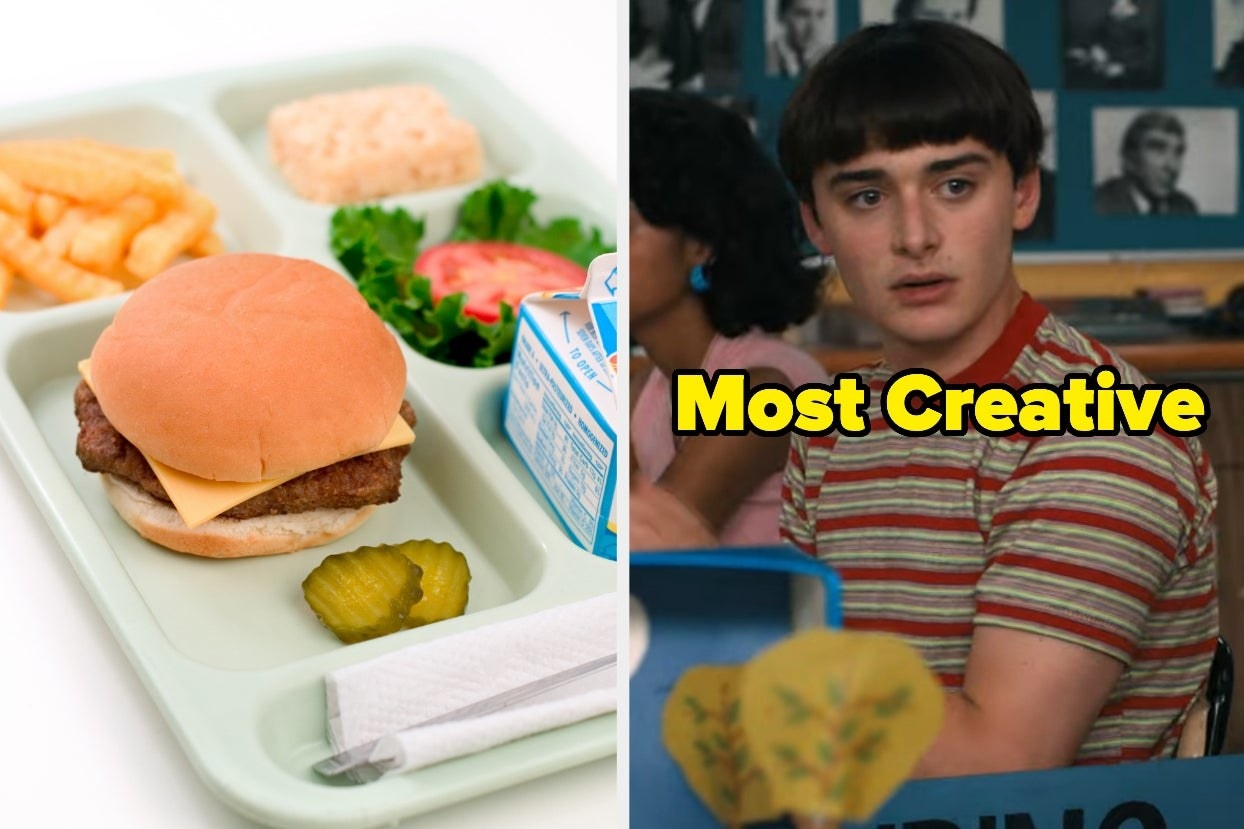 两张照片;在左边,在学校午餐食物托盘右边,将从“陌生人Things"在课堂上与文本“大多数Creative"