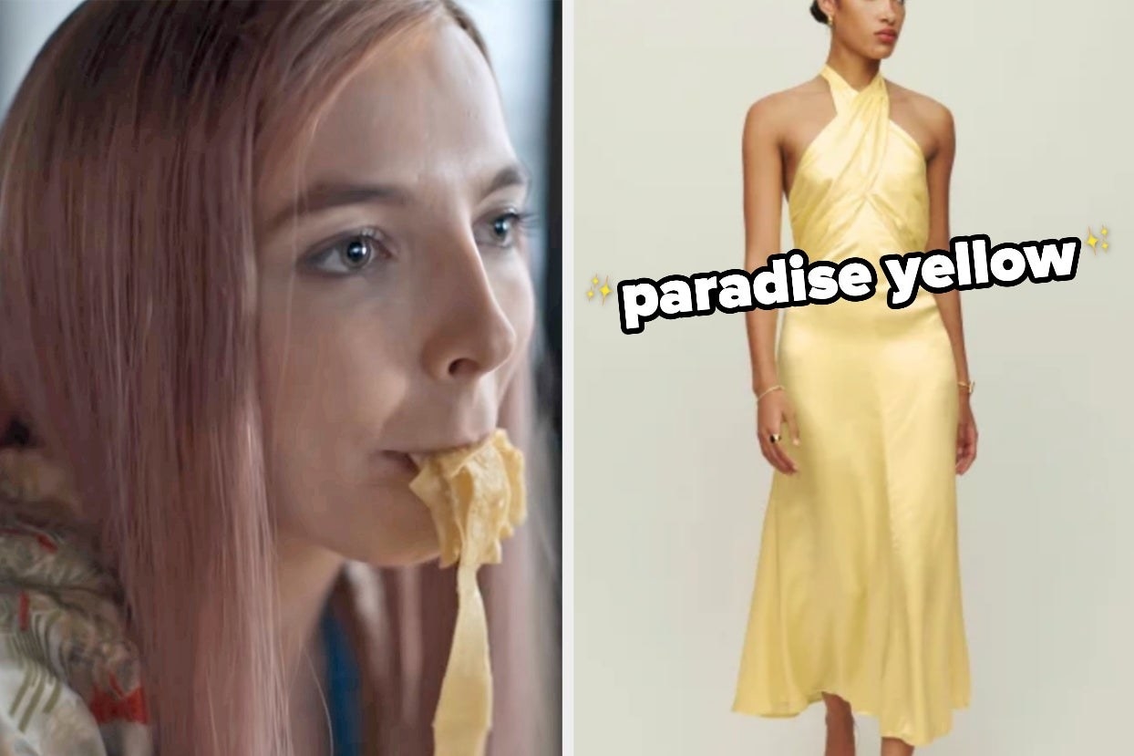 两张照片;在左边,一个女人吃意大利面和在右边,一个黄色的裙子与文本“天堂yellow"