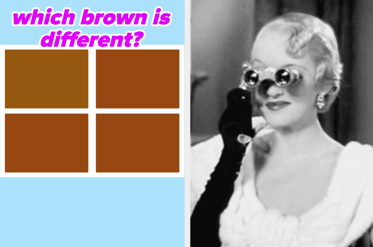 两张照片;在左边,四个方块的棕色和文本“布朗different"在右边,一个女人拿着一双经典歌剧眼镜