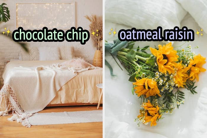 两张照片;在左边,床与文本“巧克力chip"右边,向日葵文本“燕麦片raisin"