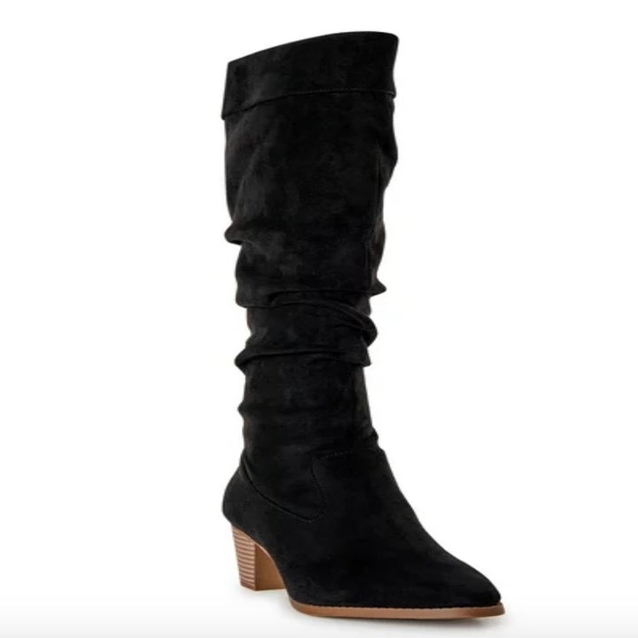 Black slouch boots with brown heel and sole