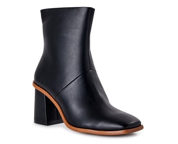Black pointed toe bootie with wooden sole