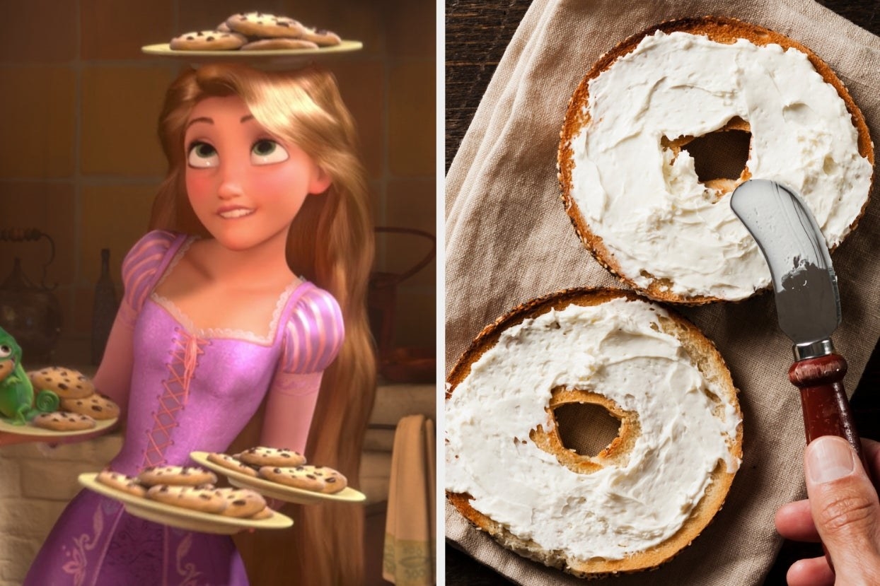两张照片;在左边,长发公主在她的头和手臂平衡盘的cookie,右边有人传播奶油干酪百吉饼