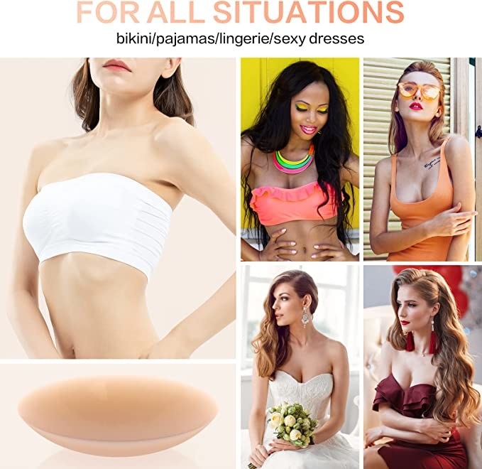 Collage showing different models wearing the nipple covers under variety of clothing items, bandeau, tank top, wedding dress, evening gown, as well as image of the nude nipple cover itself