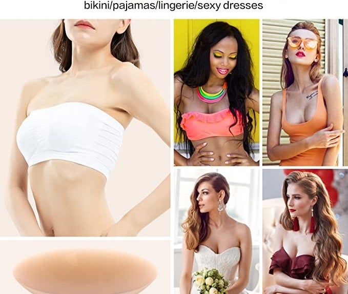 Collage showing different models wearing the nipple covers under variety of clothing items, bandeau, tank top, wedding dress, evening gown, as well as image of the nude nipple cover itself