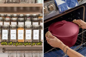 在左边，玻璃香料罐套装标签整齐地排列在厨房架子上。在右边，模特使用米色的壶托拉出品红色的我们的地方完美锅从烤箱