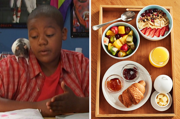 On the left, Cory from That's So Raven with his rat, Lionel, on his shoulder, and on the right, a tray with a croissant and jam, fruit salad, orange juice, and yogurt with fruit and granola on it