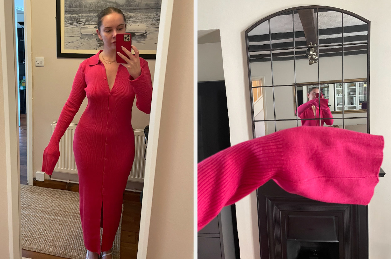 valeza wearing a knitted midi dress which is too large in the body and too long in the arms
