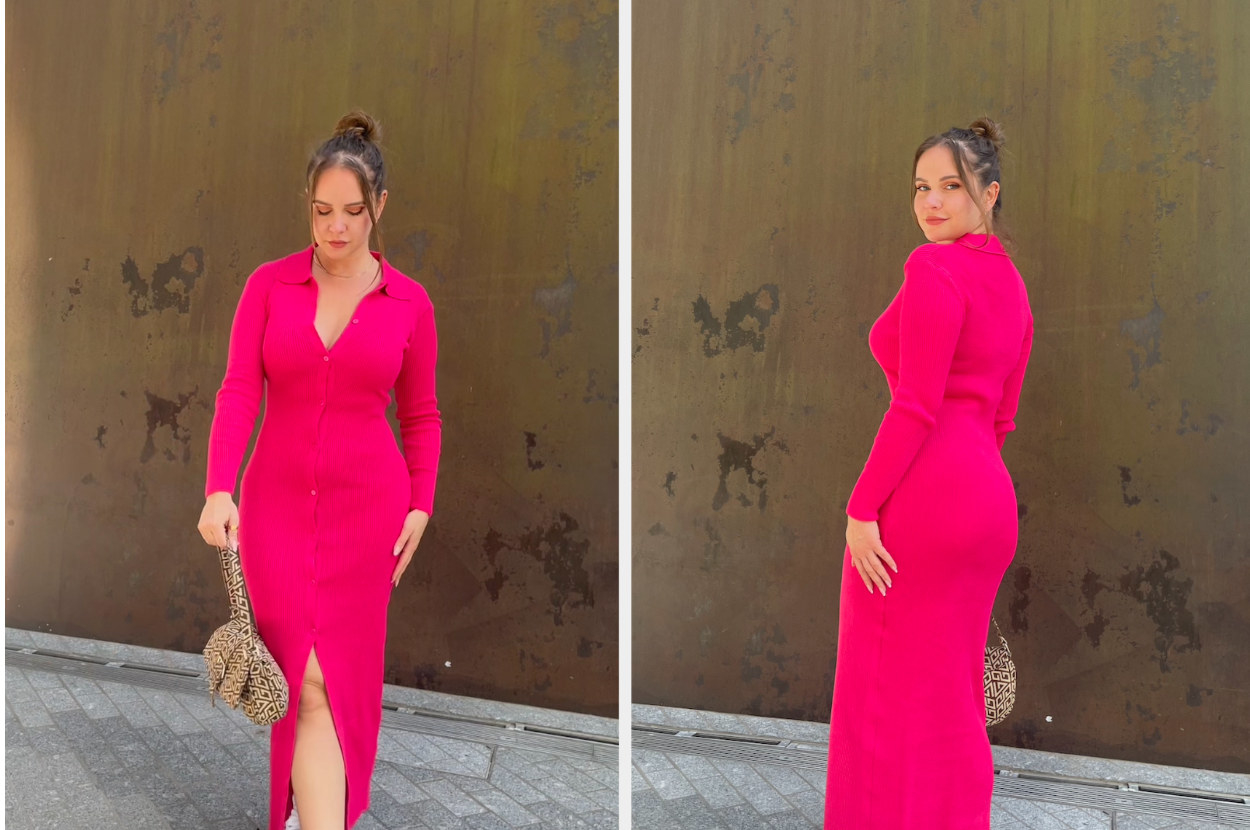 valeza posing in the now perfectly-fitted midi dress