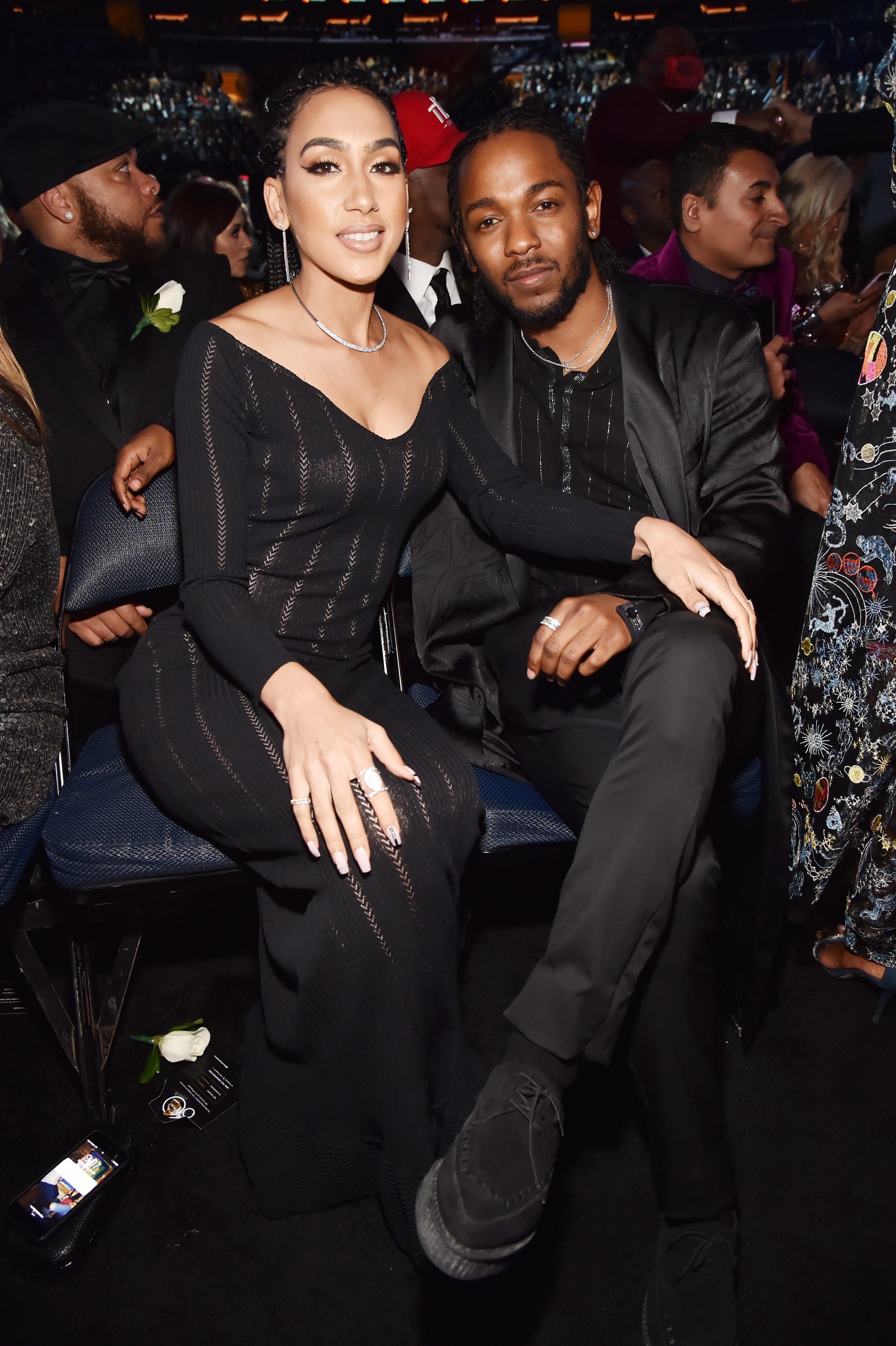 Whitney Alford and Kendrick Lamar pose at the Grammy Awards on January 28, 2018