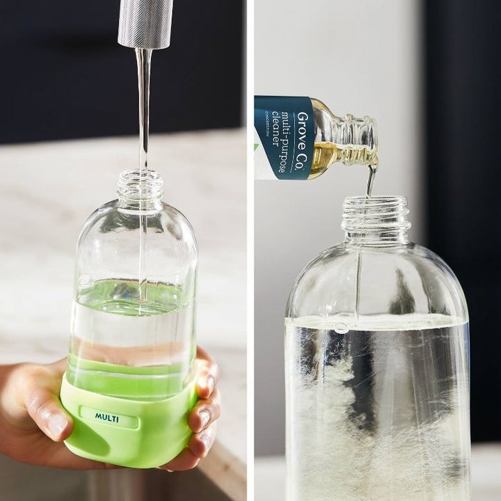 a person fills the bottle using cleaning solution concentrate and water