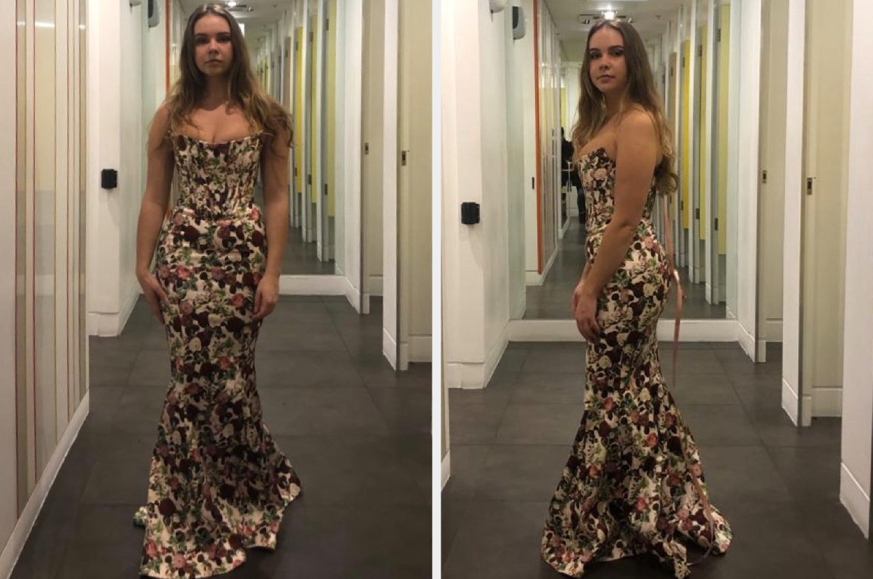 two images showing valeza wearing a floor-length floral gown from the front and side, the dress fits well