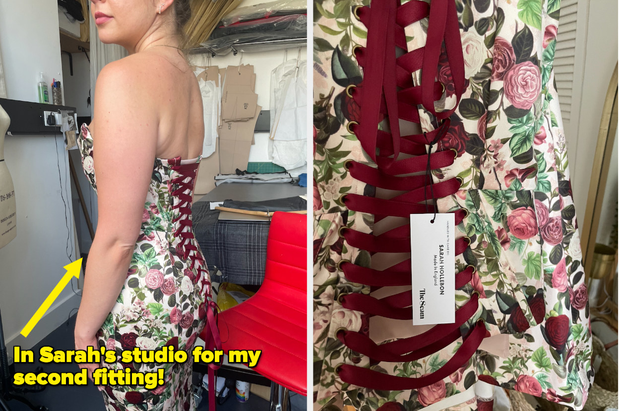 two images of the corset detail on the floral dress both on and off the body, text reads under the first image: in sarah&#x27;s studio for my second fitting