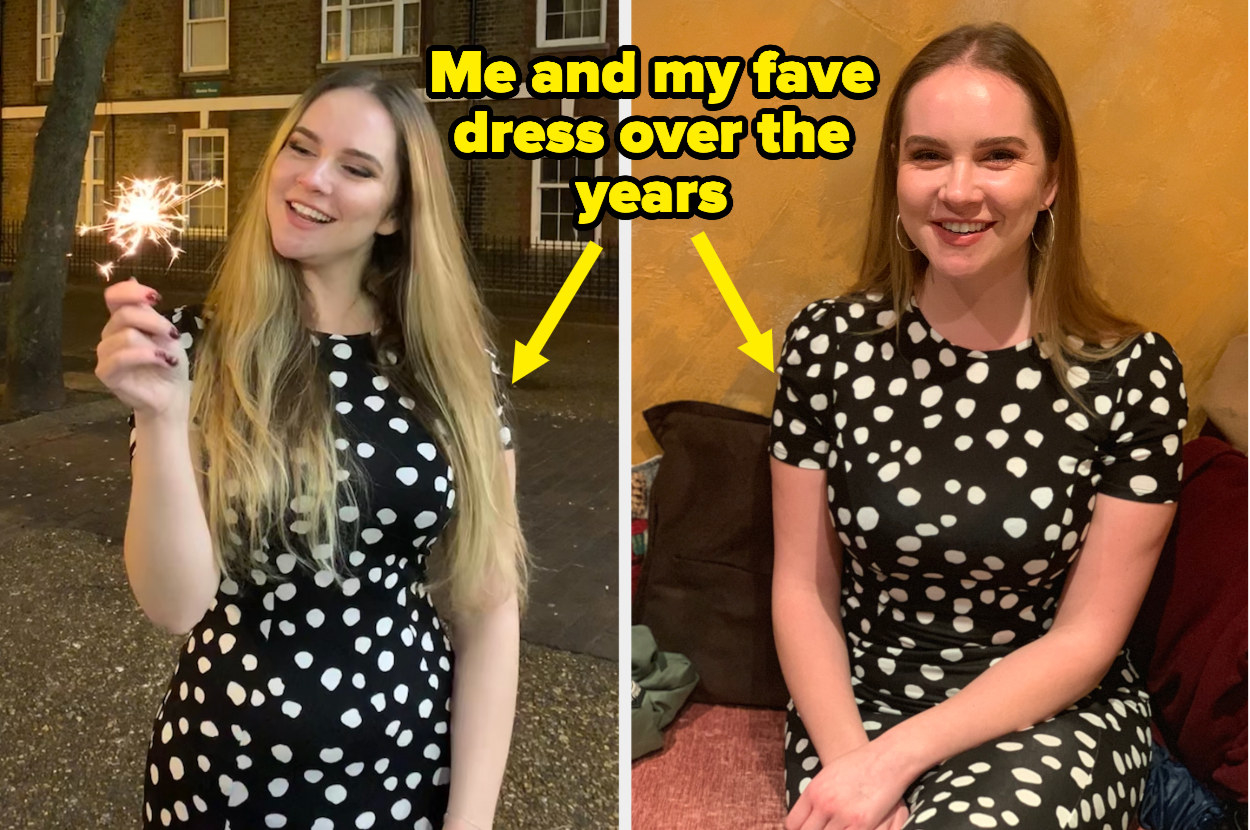 two different images of valeza wearing a polka dot midi dress text reads: me and my fave dress over the years