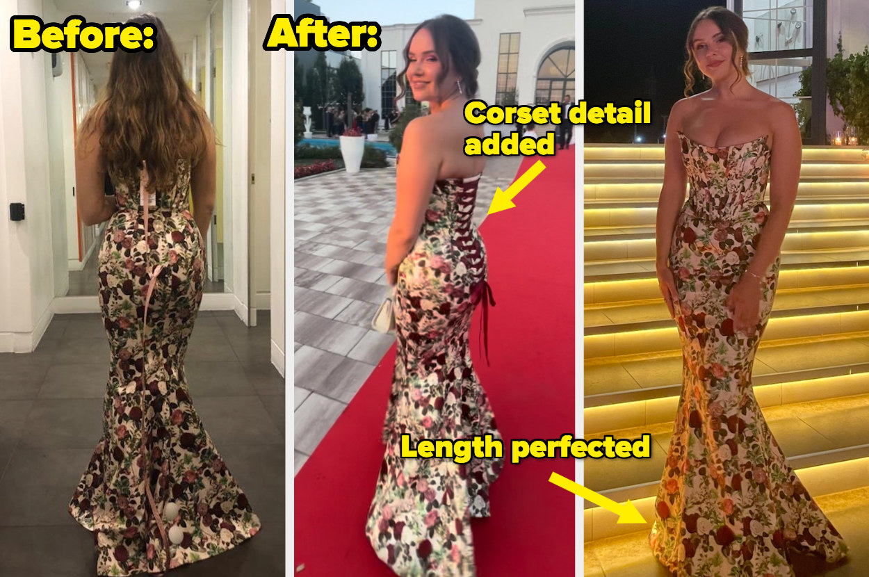 three full-length images of valeza wearing the dress before and after the corset has been added, two &#x27;after&#x27; images show the added corset detail and adjusted length