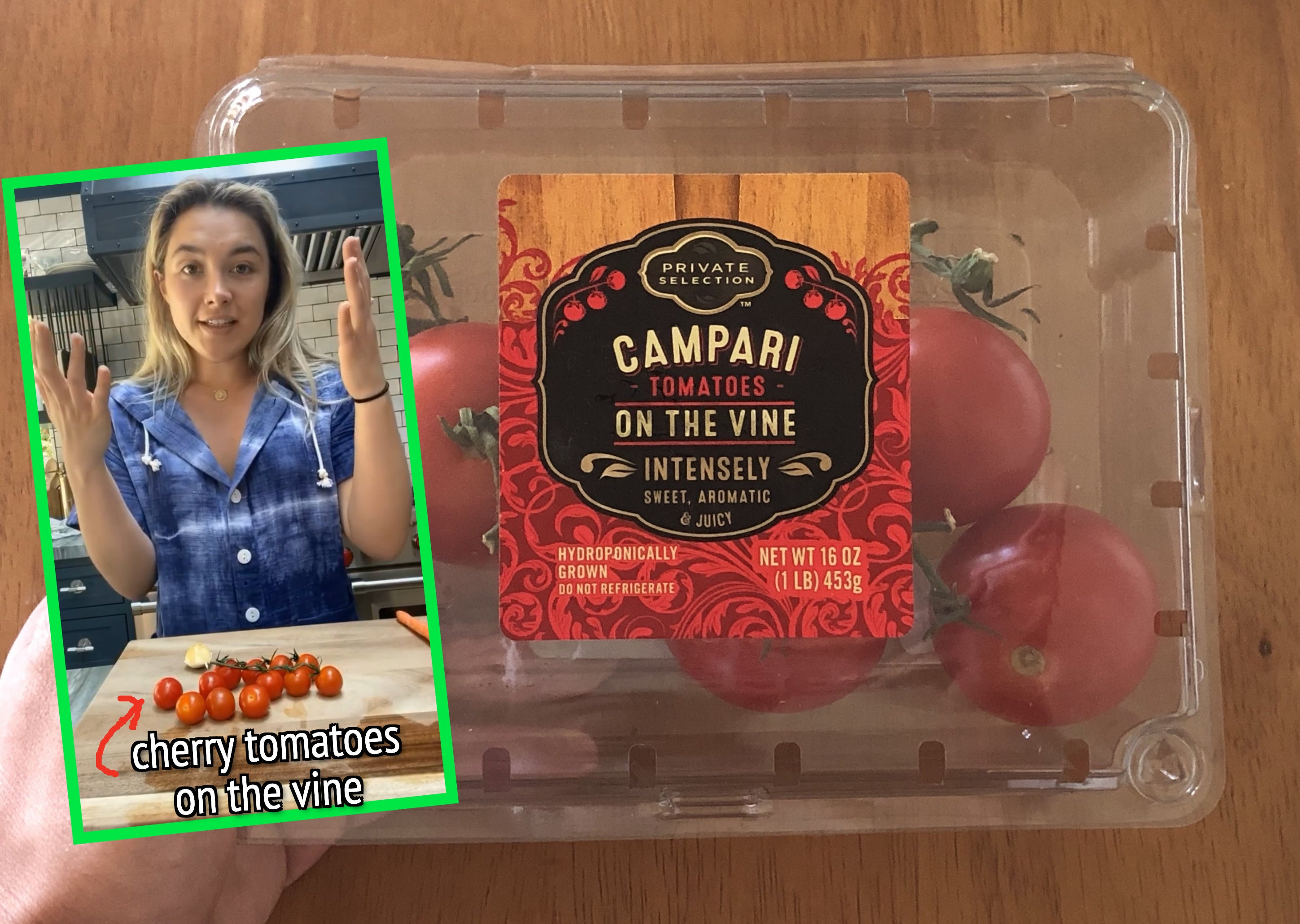 (inset) Florence Pugh with cherry tomatoes (background) tomatoes on the vine