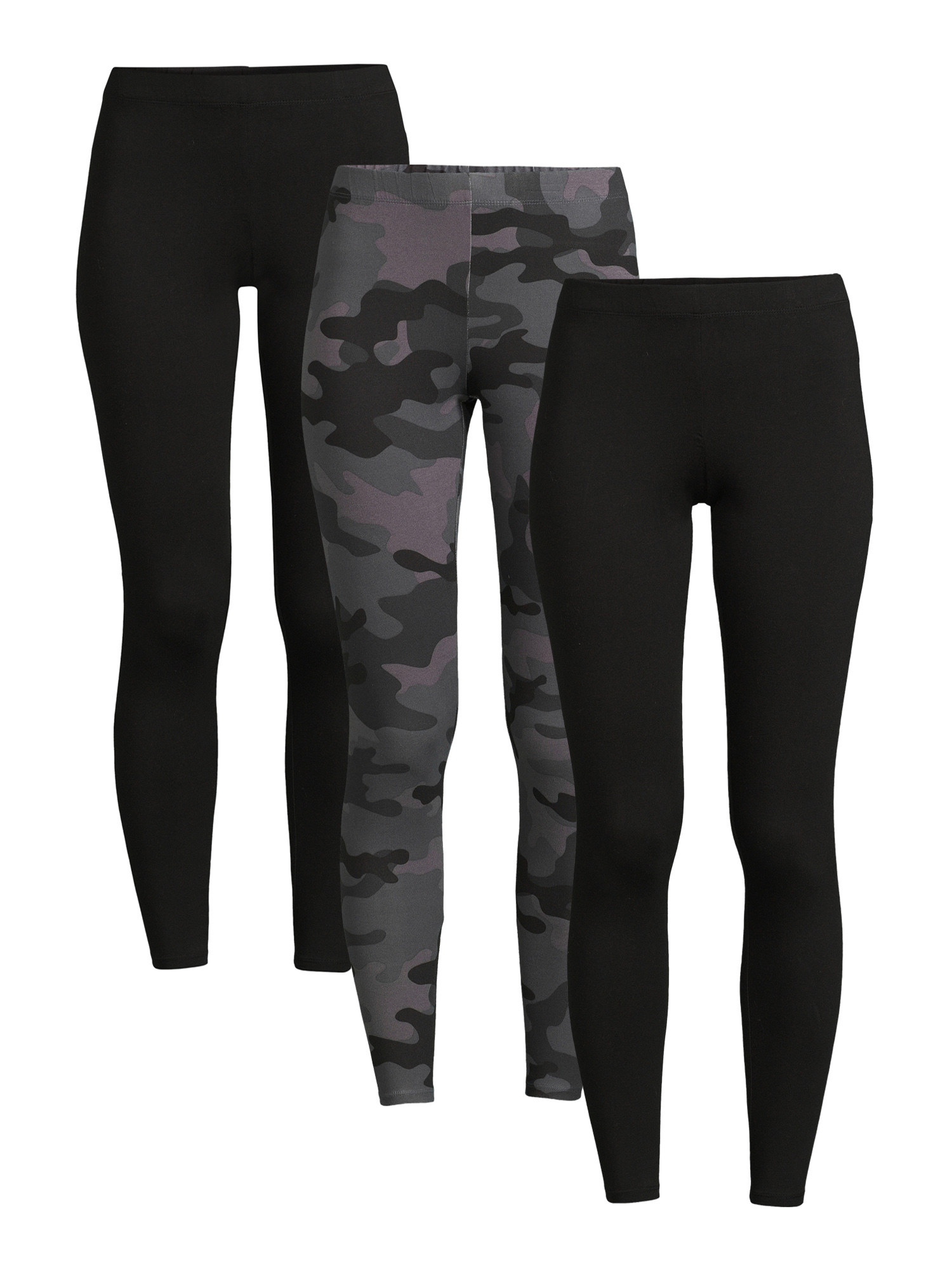 Three-pack of leggings: black leggings, gray camouflage leggings, black leggings