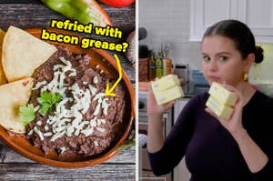 Refried beans, Selena Gomez holding butter, and text "refried beans with bacon grease?" 