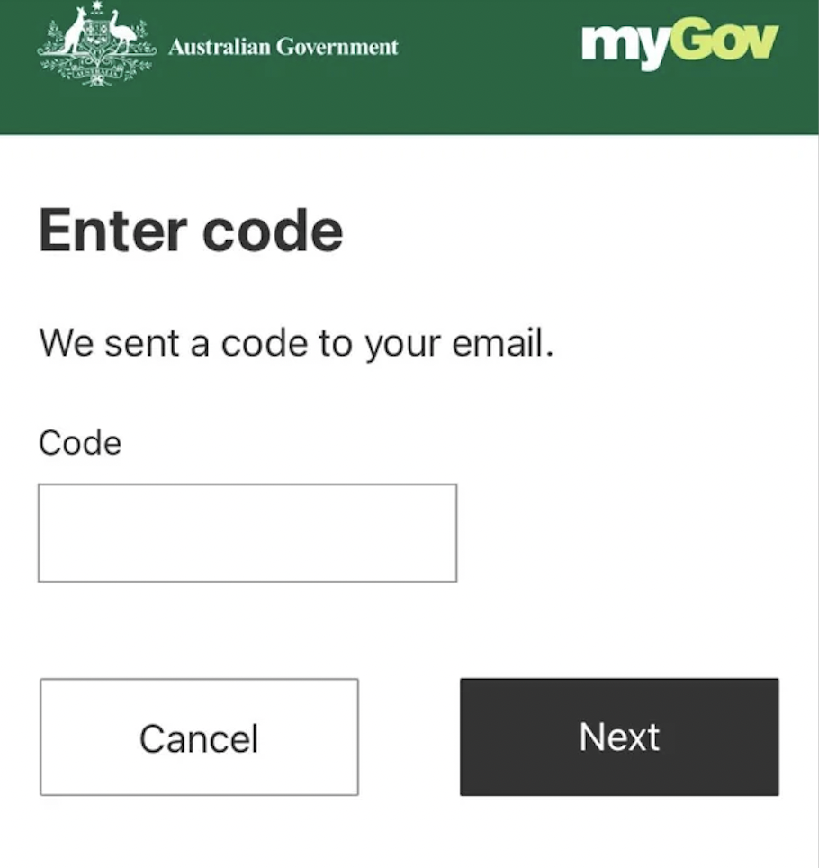 A screenshot from myGov asking for a code from email