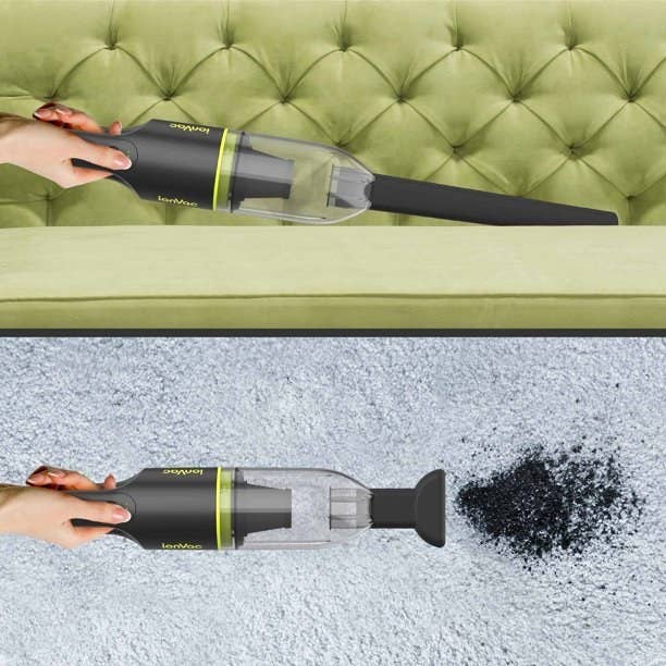 The black and green vacuum is cleaning a green couch with a long tube attachment and cleaning dirt off a carpet with a semi circle head