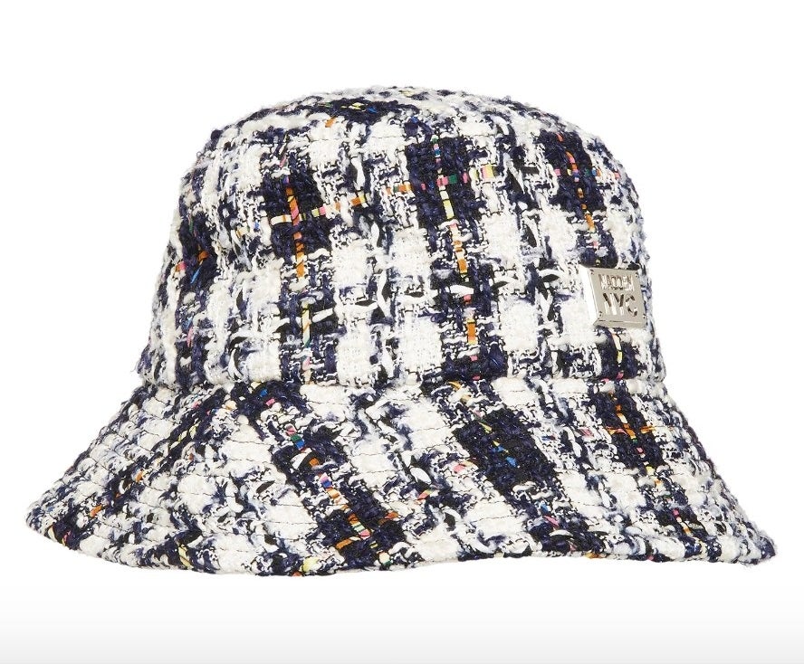 Black-and-white plaid bucket hat with multicolored threading
